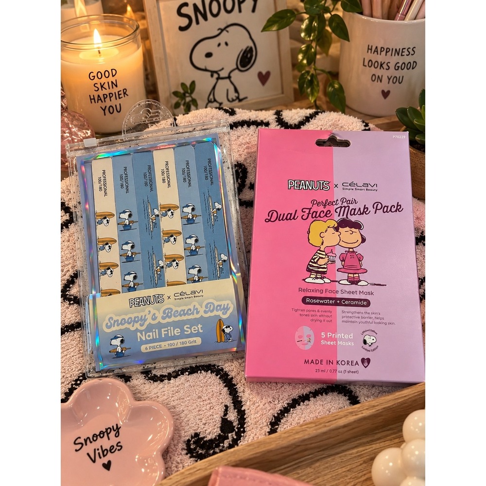 Peanuts x Celavi Snoopy Beach Day Nail File Set and Dual Face Mask Pack NEW